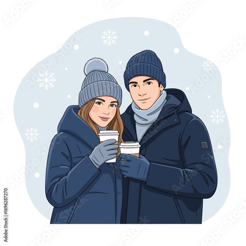 A loving young couple embraces the chilly weather, sharing a warm moment with hot drinks on a snowy winter day