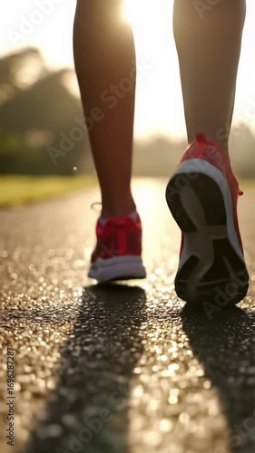 Low-angle dolly video of lower legs with modern red-soled athletic shoes walking on wet asphalt at dawn, golden light, bokeh. Endurance concept.