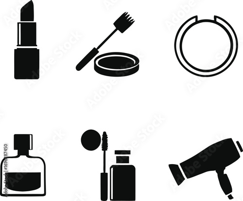 Beauty products vector icons set lipstick mascara powder nail polish perfume and hair dryer isolated