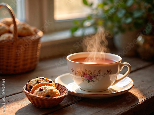 A cup of hot tea with biscuits