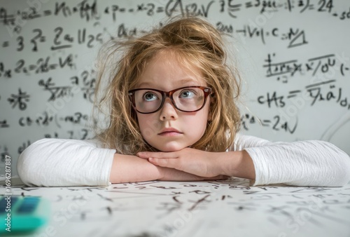 Girl with messy hair rests chin on hands amidst complex math equations scrawled on a whiteboard, appearing thoughtful and perhaps overwhelmed