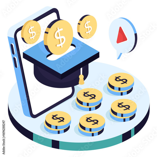 Mortarboard with dollar, isometric design of educational grant