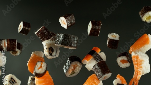Freeze motion of flying sushi pieces on black background. Concept of flying japanese traditional food. Studio shot, dark background.