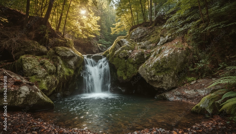 Fototapeta premium A tranquil waterfall cascading down mossy rocks in a sun-drenched forest, showcasing a serene natural landscape.
