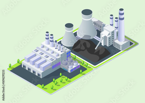 Cartoon Color Garbage and Coal Power Plant Industrial Energy Building Concept 3d Isometric View. Vector illustration