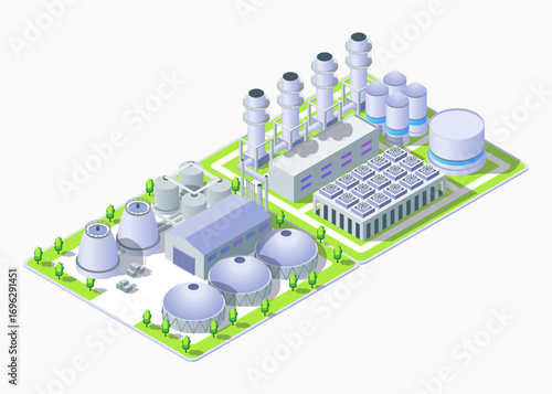 Cartoon Color Gas Thermal and Bioenergy Power Plant Industrial Energy Building Concept 3d Isometric View. Vector illustration