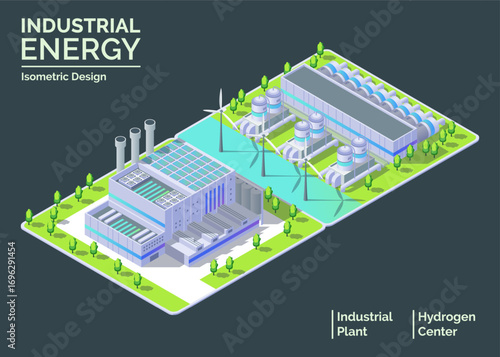 Cartoon Color Hydrogen Center and Power Plant Industrial Energy Building Concept 3d Isometric View. Vector illustration