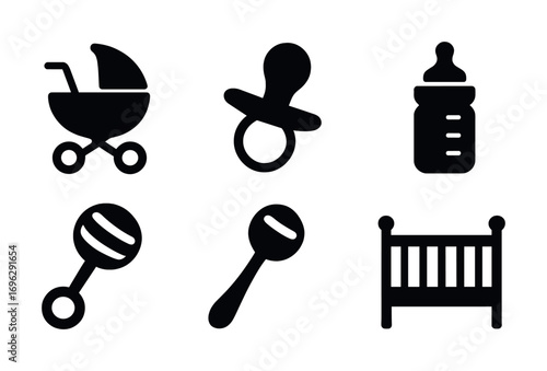Set of baby icons: stroller, pacifier, bottle, rattles, crib silhouettes
