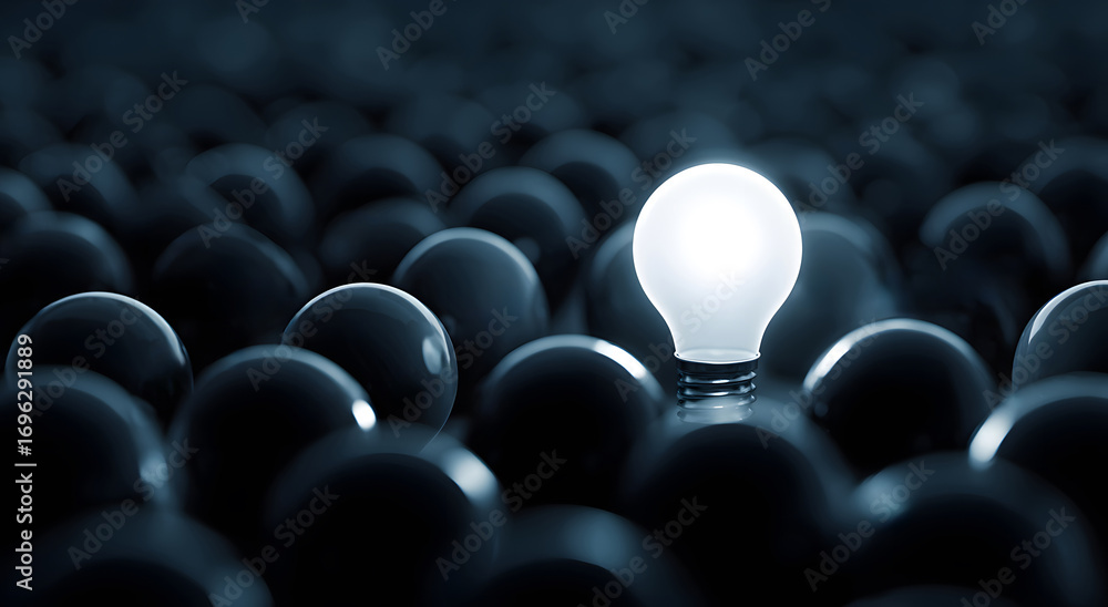 Fototapeta premium glowing light bulb standing out from surrounding dark spheres concept image representing creativity innovation and business vision symbolizing leadership success and originality