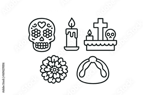 Day of the dead symbols: sugar skull, candle, altar, marigold, pan de muerto