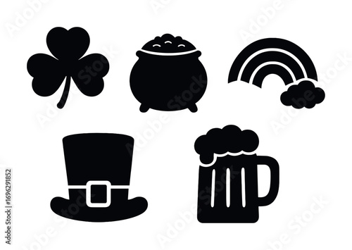 St. patrick's day icons: shamrock, pot of gold, rainbow, leprechaun hat, beer mug