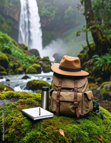 Backpack and journal beside a waterfall on moss.