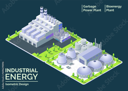 Cartoon Color Bioenergy Plant and Garbage Power Plant Industrial Energy Building Concept 3d Isometric View. Vector illustration
