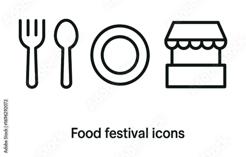 Simple food festival icons: fork, spoon, plate, market stall illustration