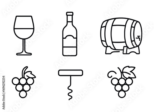 Wine icons set: glass, bottle, barrel, grapes, corkscrew for wine enthusiasts