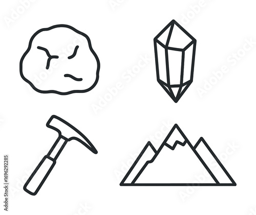 Mining tools and crystals: pickaxe, ore, crystal, mountain icons