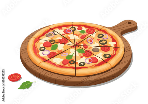 Delicious freshly baked pizza toppings mozzarella cheese fresh basil and olives on a wooden board for a perfect meal