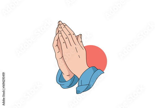 Illustration of two hands joined together in prayer gesture with a red circular shape in the background