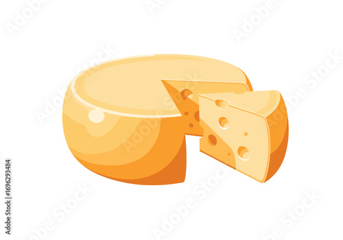 Delicious whole yellow cheese wheel with a wedge removed showing its texture and holes