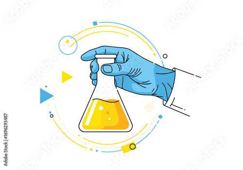 Scientist holding laboratory flask containing yellow liquid amidst abstract science graphics