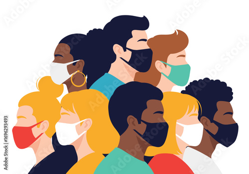 Diverse group of people wearing face masks together protecting themselves and others from germs and illness during a pandemic situation