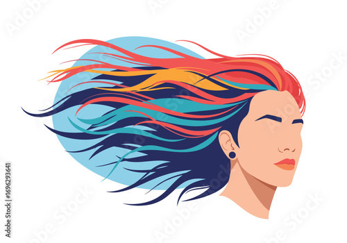 Abstract illustration of a person with vibrant colorful windswept hair against a blue oval background