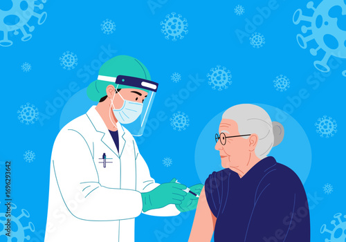 Medical professional administering a vaccine injection to an elderly woman with a face shield and mask