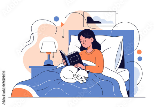 Relaxing evening reading session with a cozy cat and warm bedtime lamp