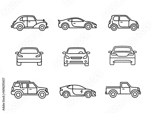 Nine different car icons in black outline on white