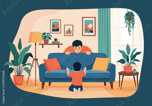 A father and son playing peekaboo behind the sofa in a cozy living room filled with plants and artwork