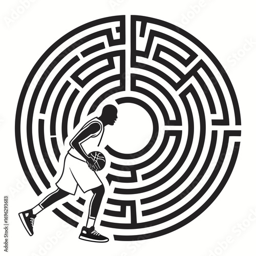 Basketball player dribbling through a complex maze