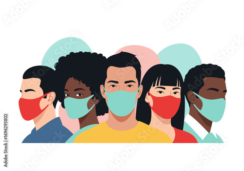Diverse group of people wearing face masks protecting themselves during pandemic outbreak