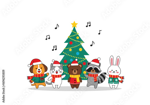 Cute woodland animals singing christmas carols around a decorated pine tree wearing santa hats and scarves