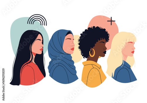 Diverse women celebrating unity empowerment and sisterhood showing different cultures backgrounds and beliefs together