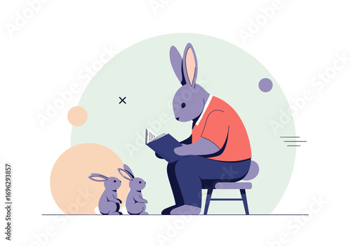 A parent rabbit reads a bedtime story to their little bunny children before sleep time