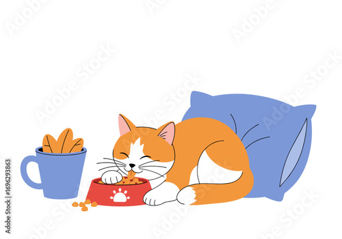 A contented orange and white cat napping peacefully after enjoying a delicious meal by a blue pillow