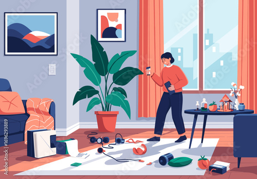 A woman tidies up a messy living room filled with plants and furniture