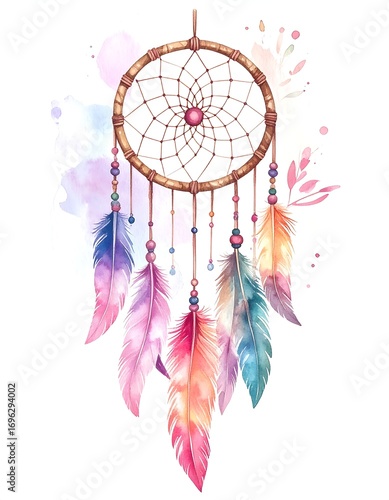 Watercolor dreamcatcher with colorful feathers and beads