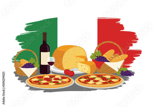 A delightful spread of italian delicacies showcasing pizza cheese wine and fresh produce with a national flag backdrop