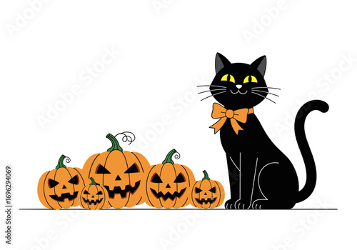 A spooky black cat sits beside a row of carved halloween pumpkins ready for trick or treaters