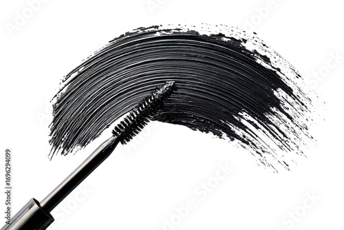 Close up of black mascara brush and textured stroke on a black background