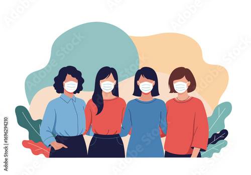 Group of diverse women standing together wearing protective face masks during a pandemic social distancing concept