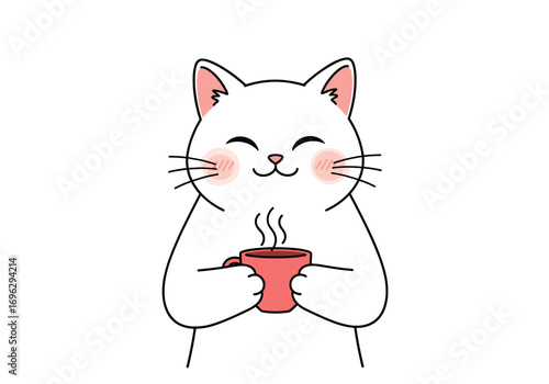 Cute kawaii cat enjoying a steaming cup of coffee or tea with blushing cheeks and closed eyes