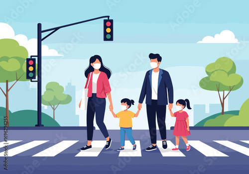 Family wearing face masks crossing a busy street at a pedestrian crossing with traffic lights guiding the way safely
