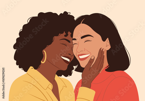 Two happy diverse women sharing a joyful moment of friendship and connection in a warm embrace
