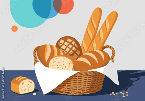A rustic wicker basket overflowing with assorted artisan bread varieties freshly baked and delicious
