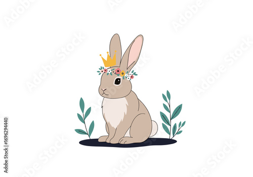A royal rabbit adorned with a flower crown and surrounded by delicate greenery
