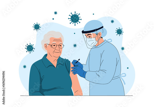 Elderly person receives vaccination from healthcare professional in protective gear against virus background