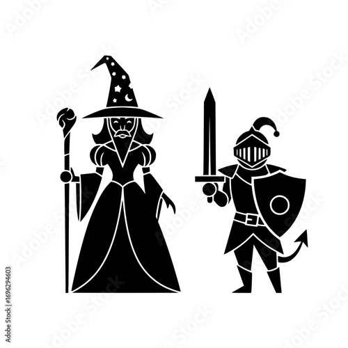 wizard with staff and knight with sword representing fantasy, adventure, and medieval role play
