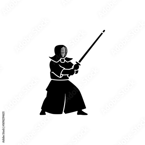 Kendo fighter with sword vector icon silhouette representing martial arts, combat sport, and Japanese fencing